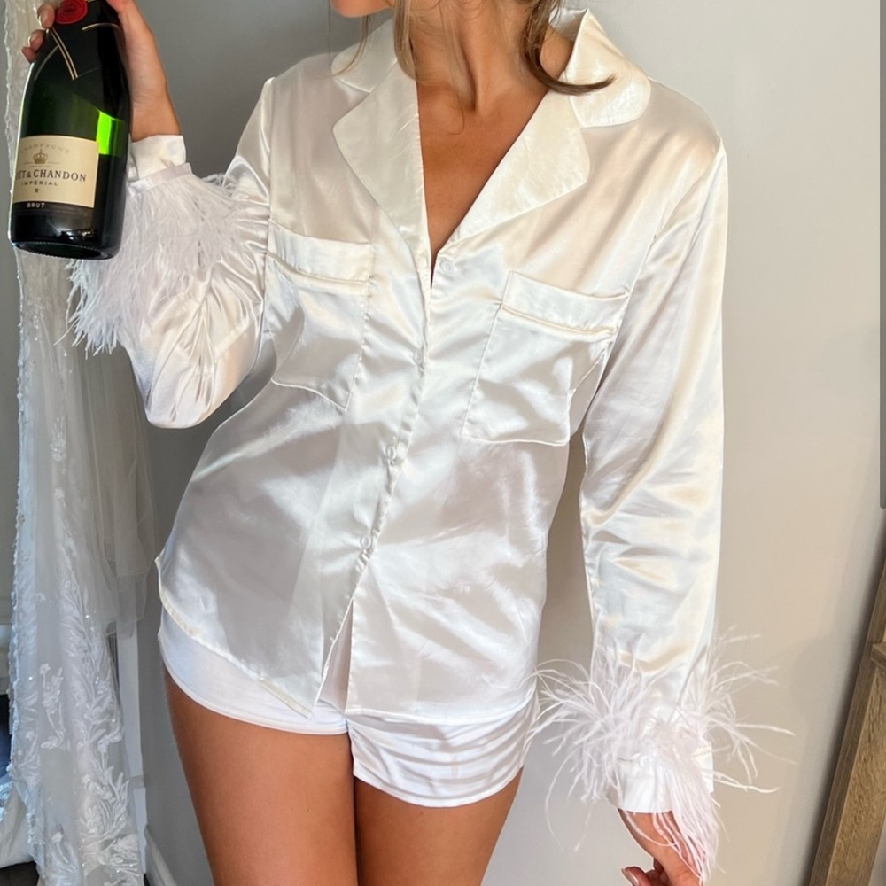 Bridal Elegant White Satin Feather-Trimmed Pajama Set